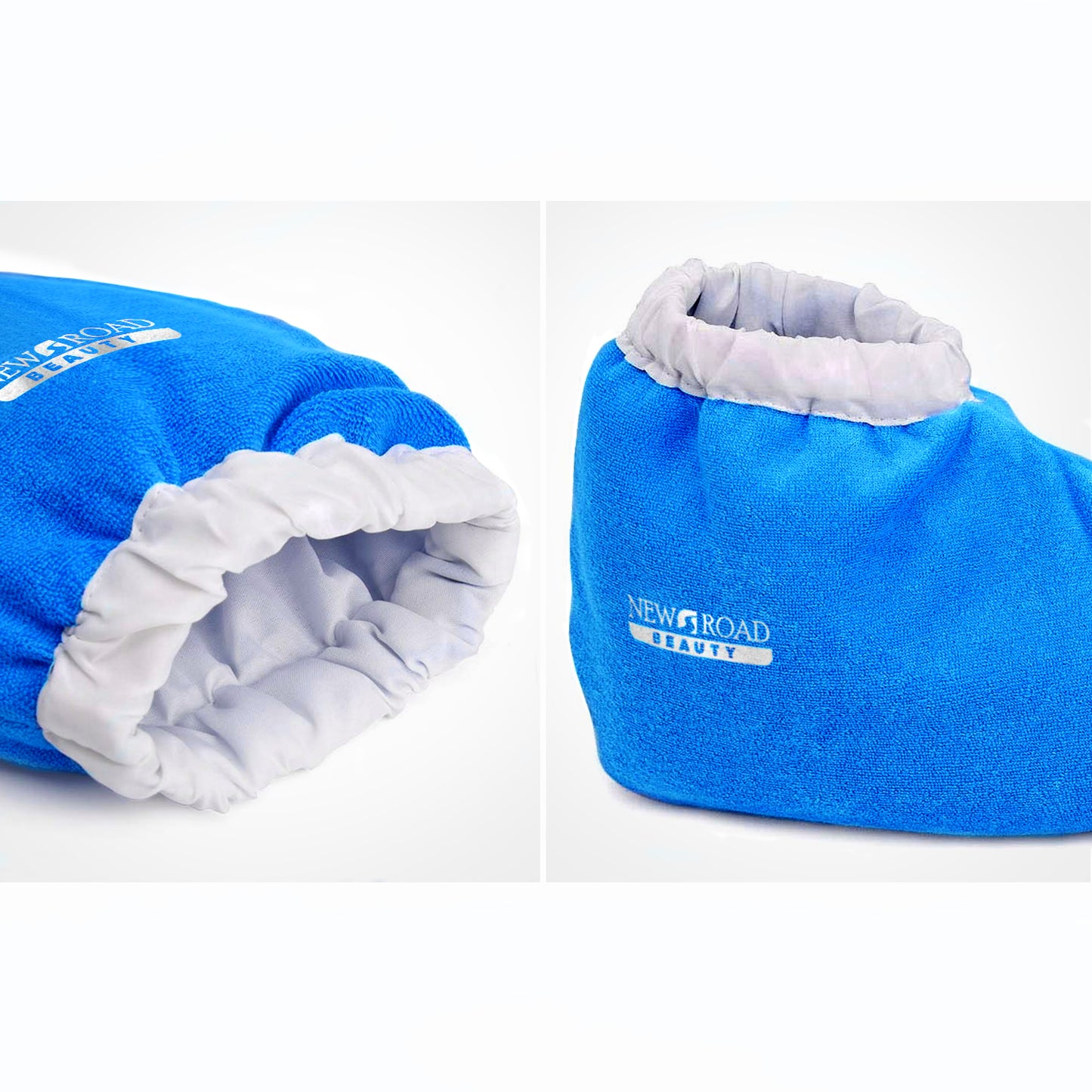 Paraffin Wax blue Gloves/Mitts and Booties to use while doing a paraffin wax treatment showing their elastic opening.