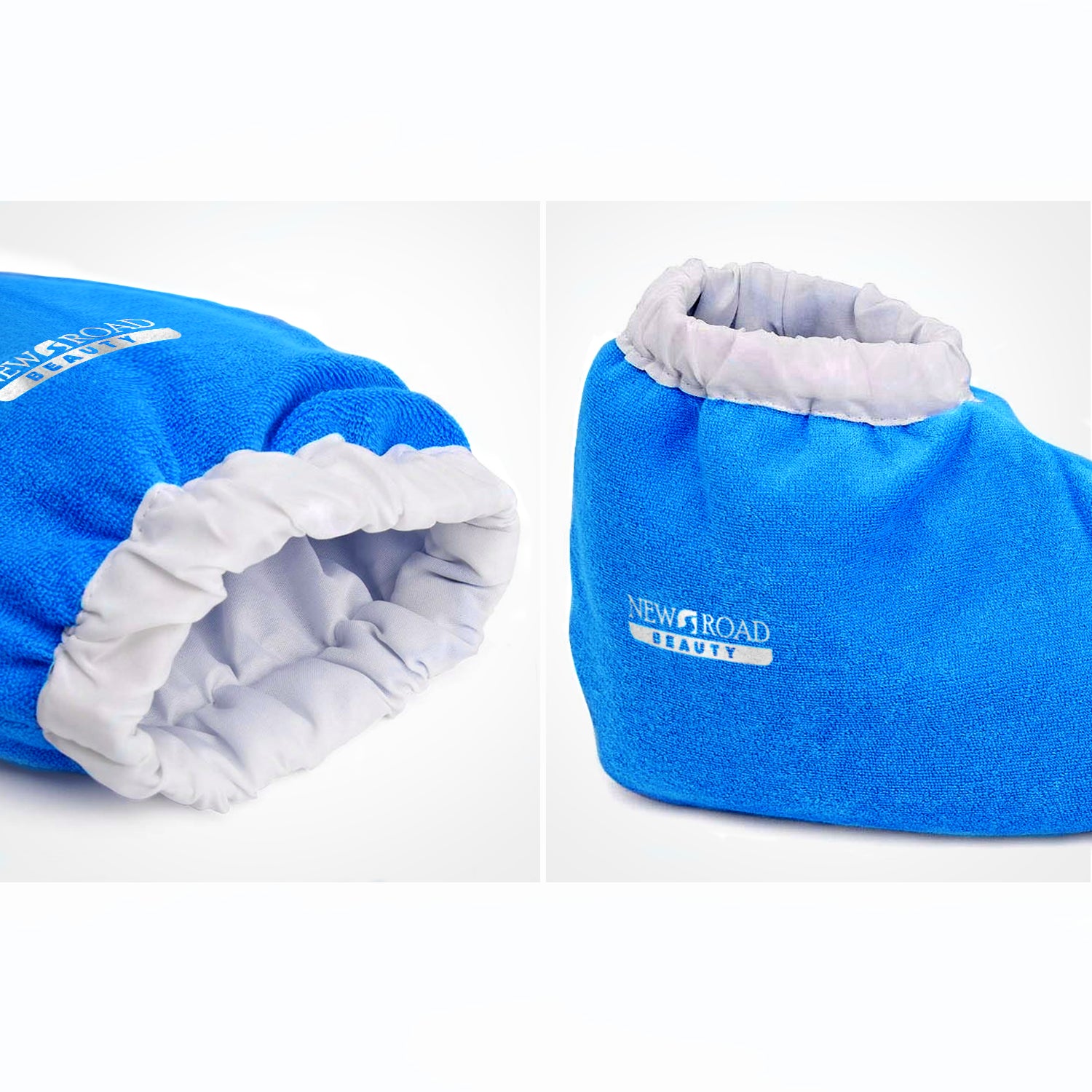 Paraffin Wax blue Gloves/Mitts and Booties to use while doing a paraffin wax treatment showing their elastic opening.