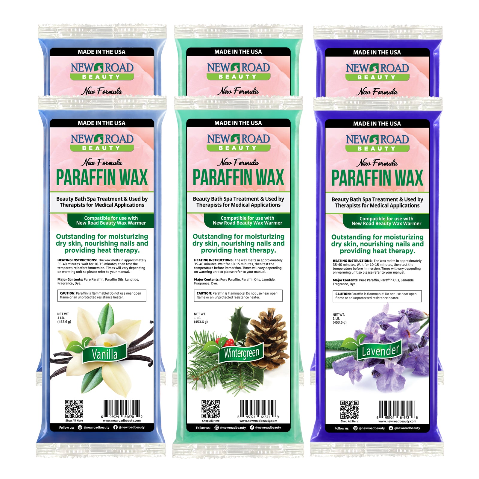 Combo 6-Pack Paraffin Wax For Soft, Moisturized Skin - Vanilla, Wintergreen, and Lavender Paraffin Wax  Edit alt text